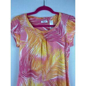 Liz & Co Tropical Palm Leaf Print Petite Summer Top Pink Yellow